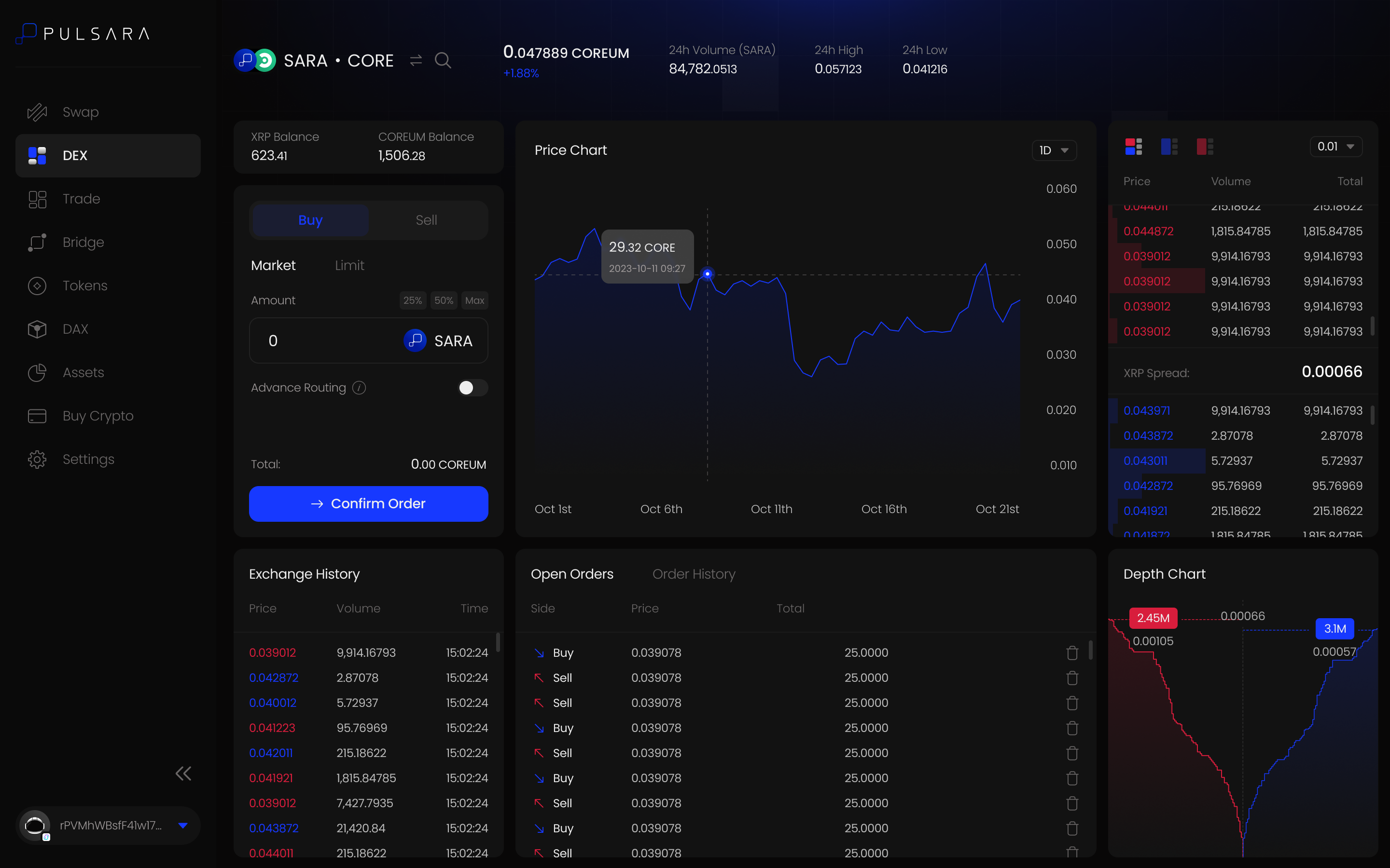 Pulsara DEX trading interface with order book on Coreum.