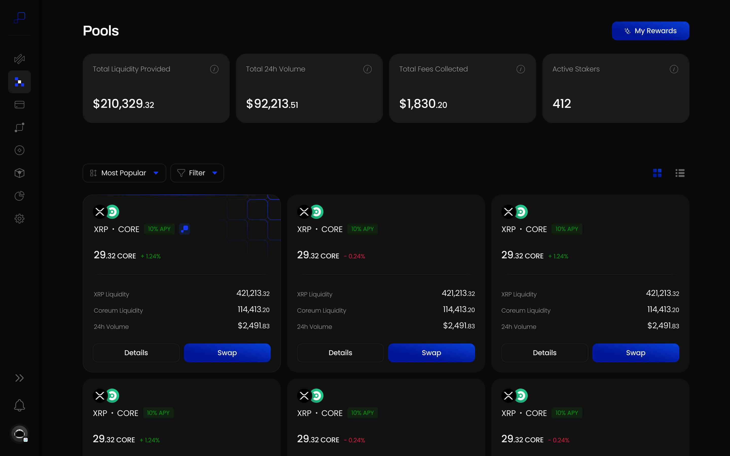 Pulsara liquidity pools and AMM interface on Coreum.