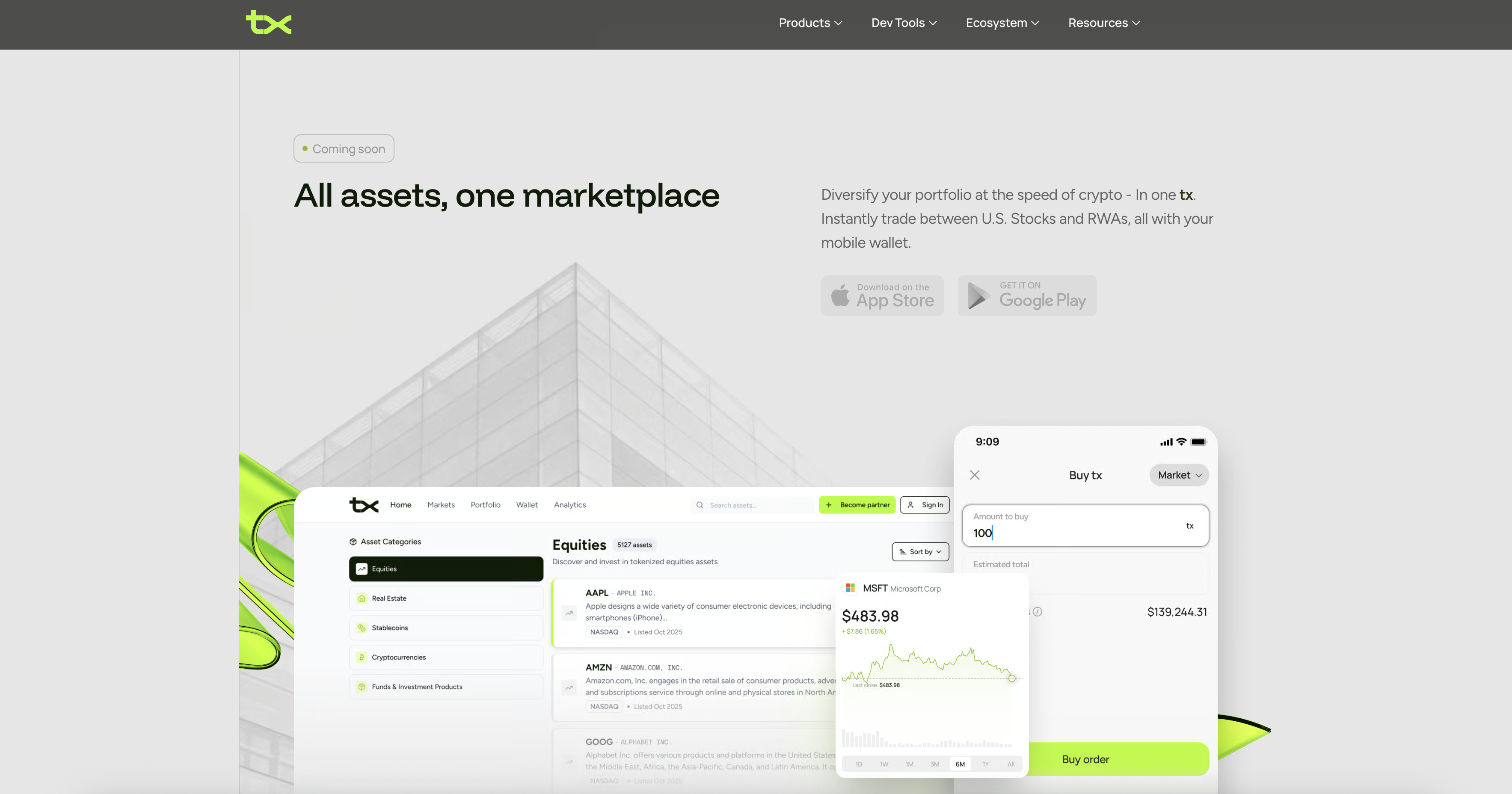 TX Back Office marketplace view for real-world asset issuance and trading.